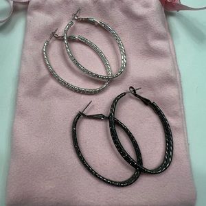 Silver and Shiny Black Oval Hoop Earrings